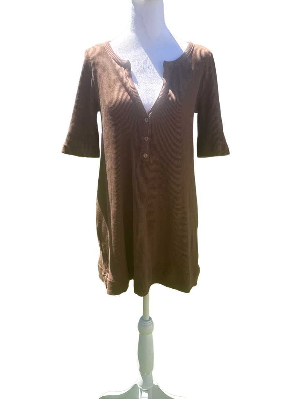 Free People Beach Brown Ribbed Mini Henley Dress Medium